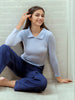 Women's Blue Fitted Solid Collared Shirt Style