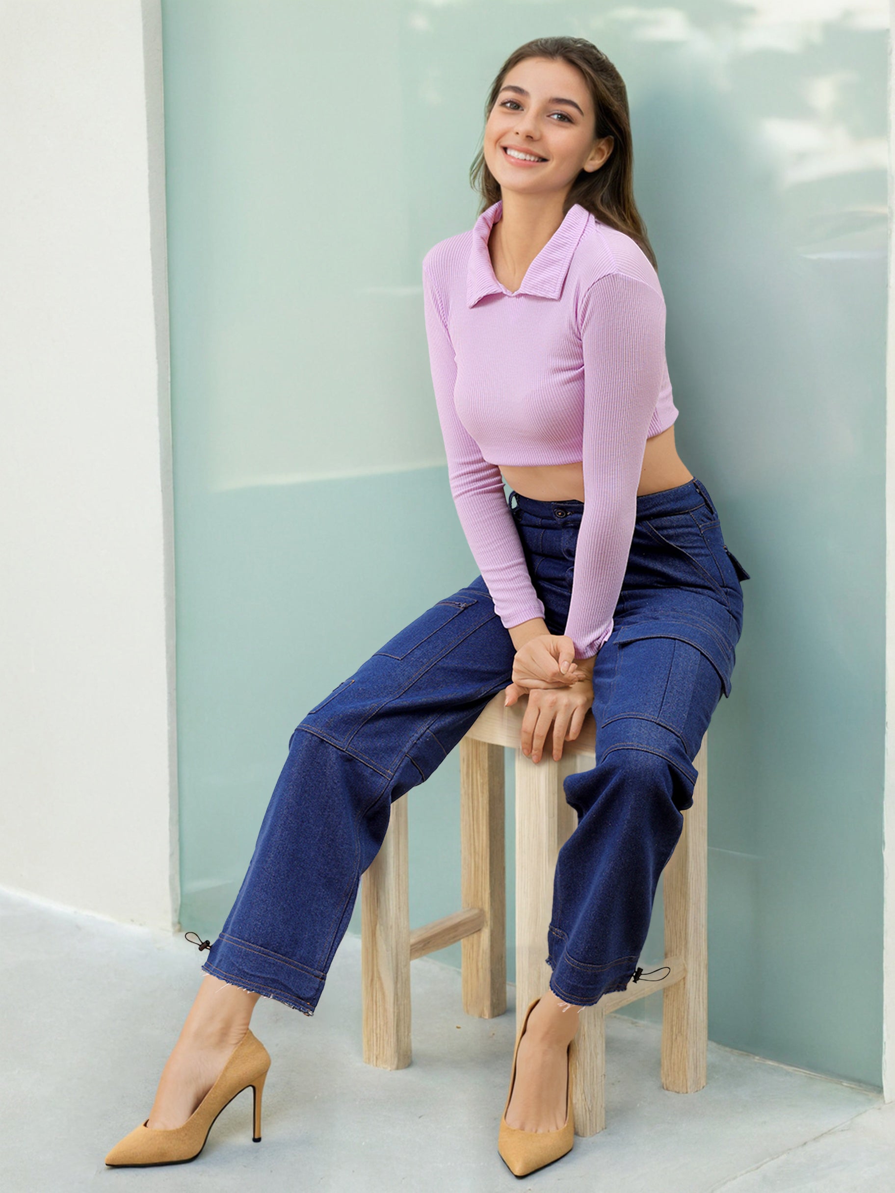 Women's Purple Fitted Solid Collared Shirt Style