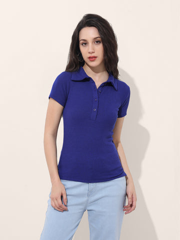 Women's Blue Fitted Solid Collared Shirt Style