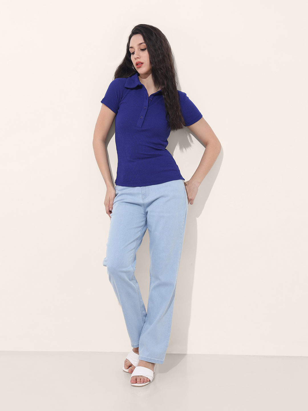 Women's Blue Fitted Solid Collared Shirt Style