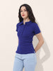 Women's Blue Fitted Solid Collared Shirt Style