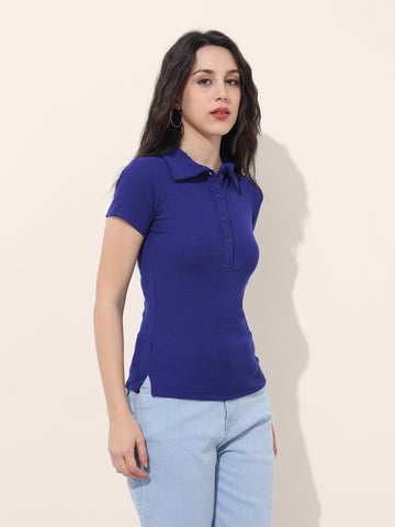 Women's Blue Fitted Solid Collared Shirt Style