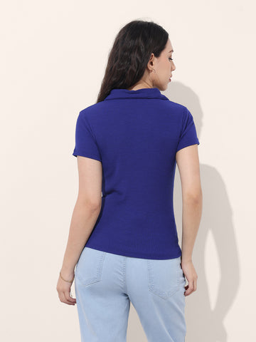 Women's Blue Fitted Solid Collared Shirt Style