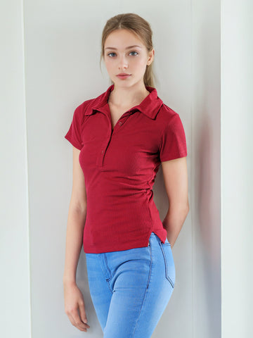 Women's Red Fitted Solid Collared Shirt Style