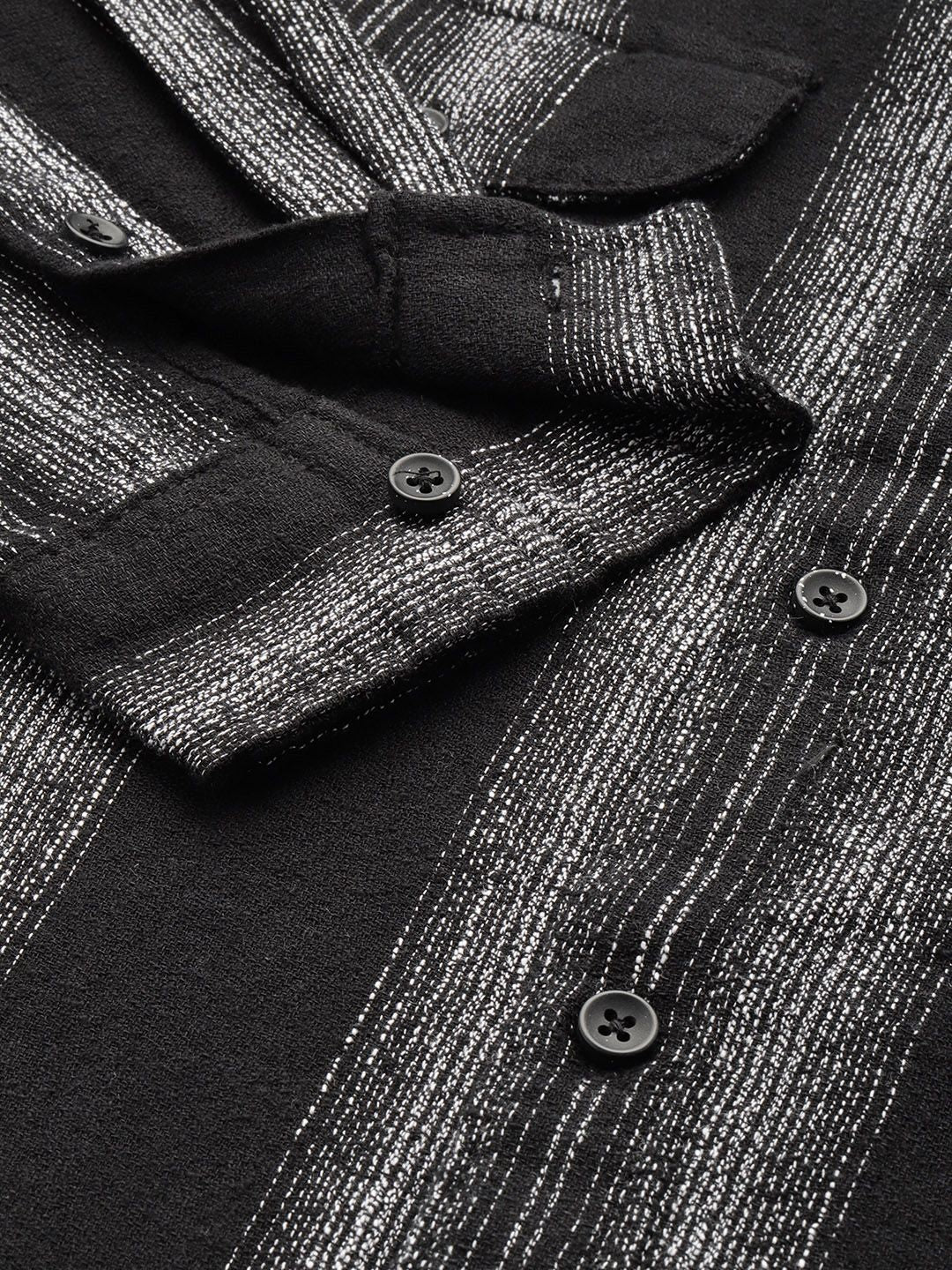Men's Black Slim Fit Striped Casual Shirt