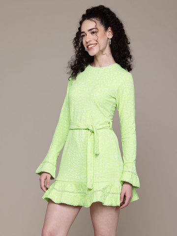 Freehand Green Regular Fit Textured Mini Dress