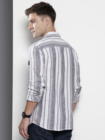 Men's Grey Slim Fit Striped Casual Shirt