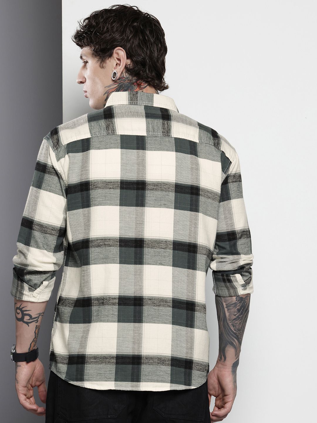 Men's Grey Regular Fit Checked Casual Shirt