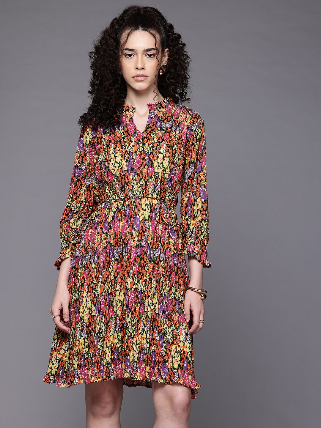 Freehand Multicolor Relaxed Fit Floral Pleated Dress
