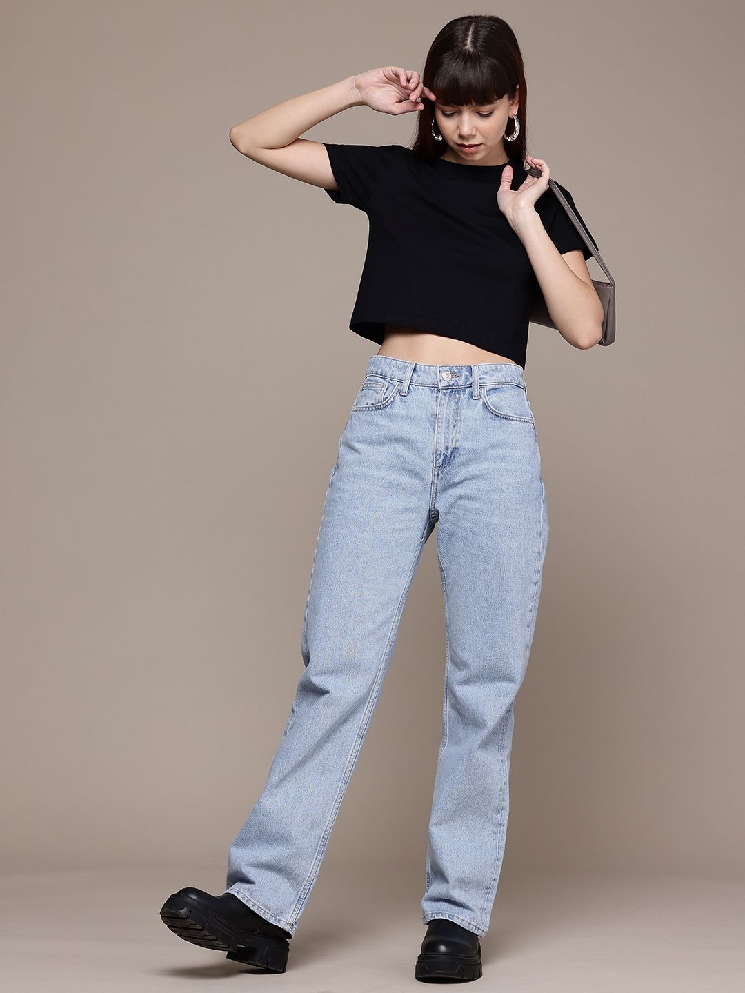 Freehand Women Slim Fit Solid Cropped T-Shirt