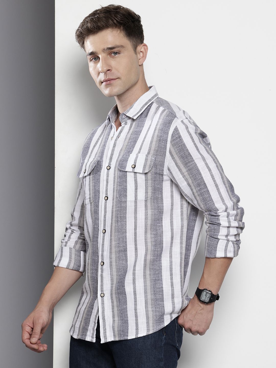 Men's Grey Slim Fit Striped Casual Shirt