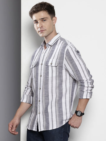 Men's Grey Slim Fit Striped Casual Shirt