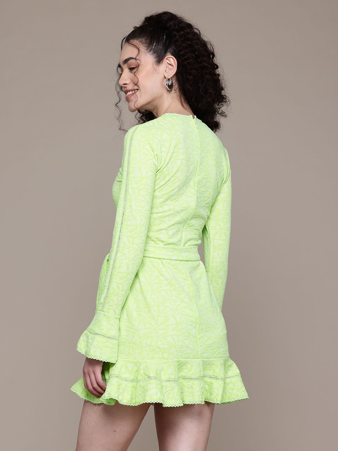 Freehand Green Regular Fit Textured Mini Dress
