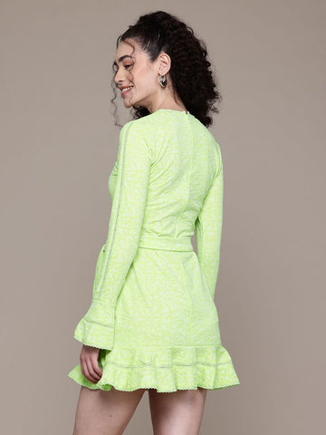 Freehand Green Regular Fit Textured Mini Dress