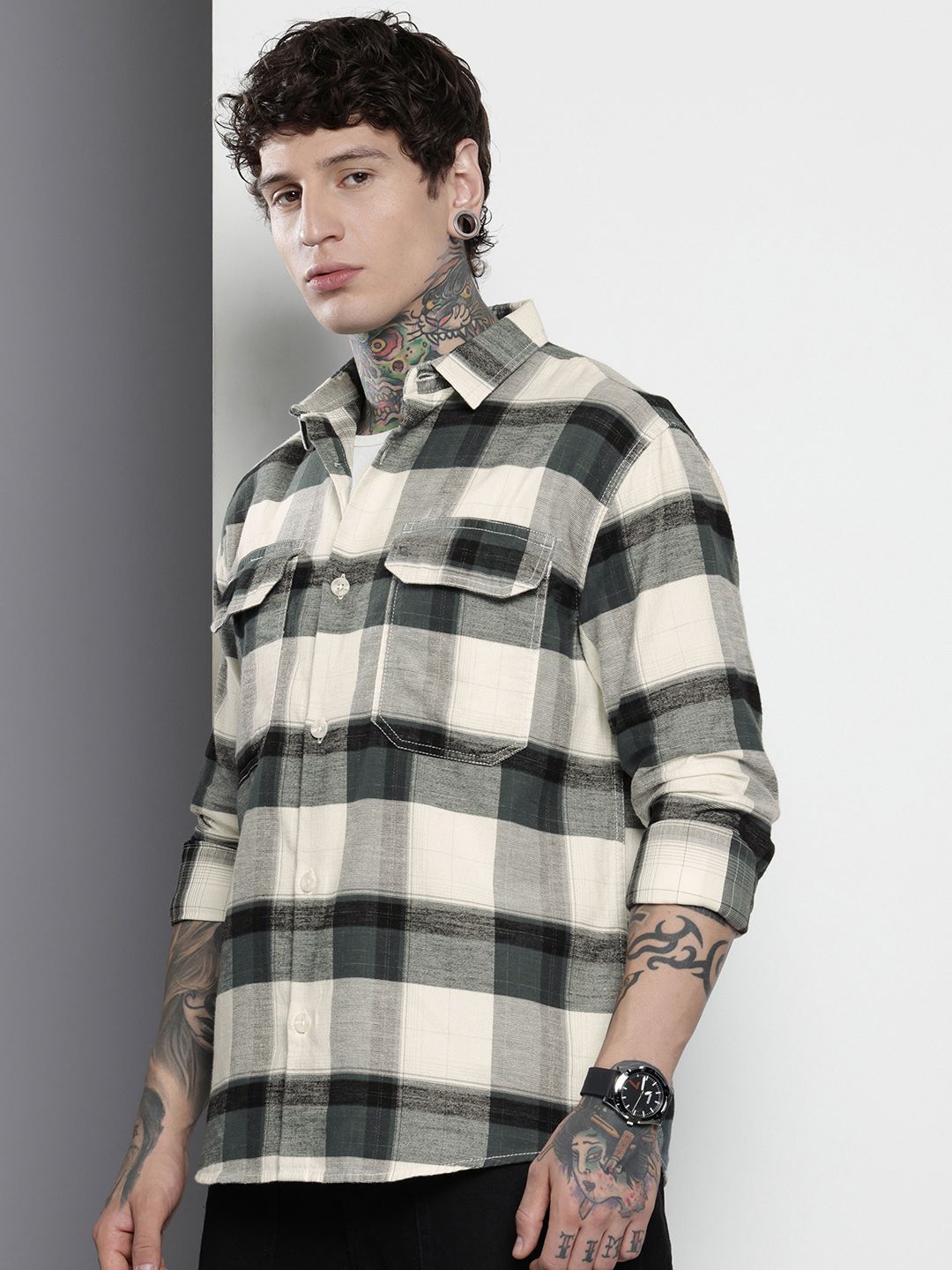 Men's Grey Regular Fit Checked Casual Shirt