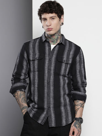 Men's Black Slim Fit Striped Casual Shirt