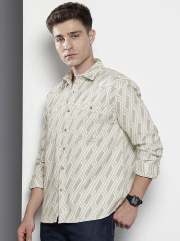 Men's Green Relaxed Fit Textured Casual Shirt