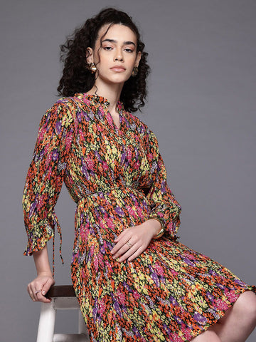 Freehand Multicolor Relaxed Fit Floral Pleated Dress