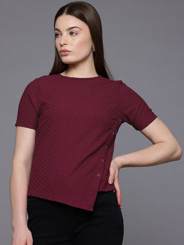 Freehand Maroon Women's Regular Fit Textured Asymmetric Top