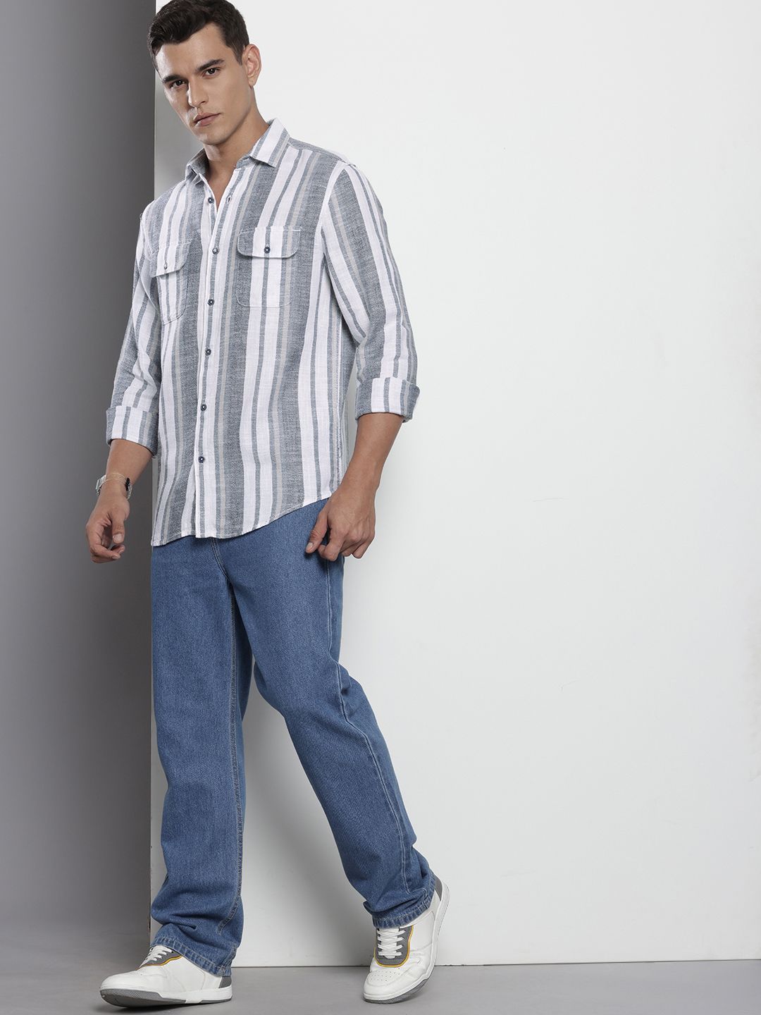Men's Grey Slim Fit Striped Casual Shirt