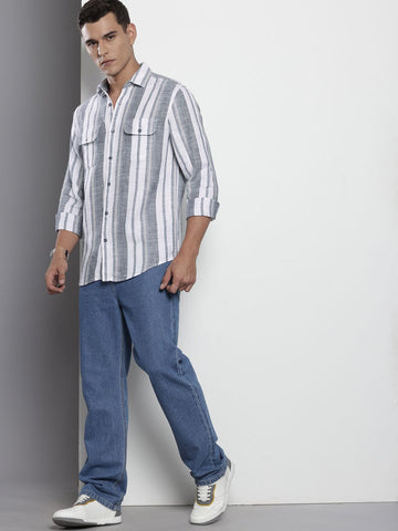Men's Grey Slim Fit Striped Casual Shirt