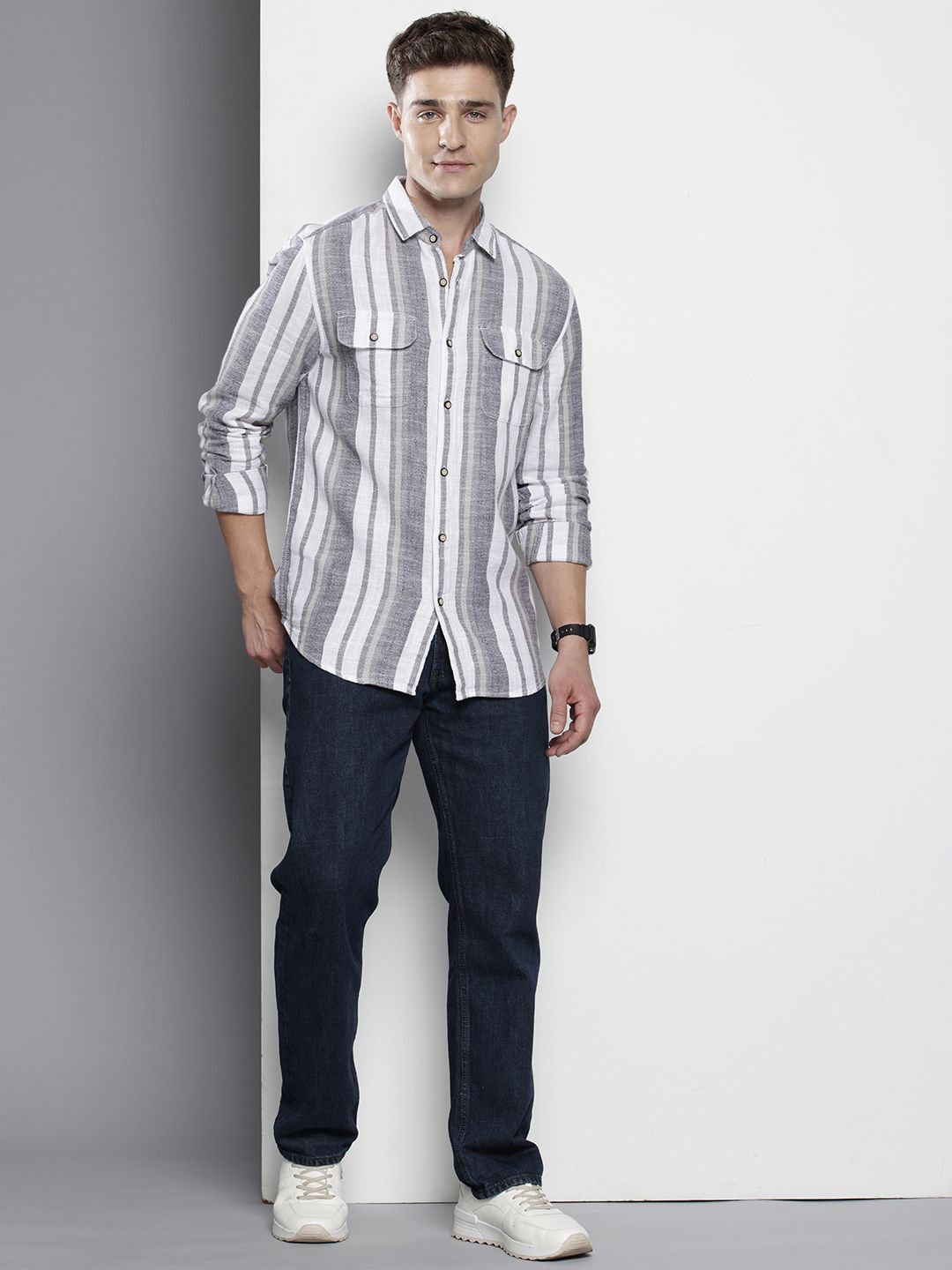Men's Grey Slim Fit Striped Casual Shirt