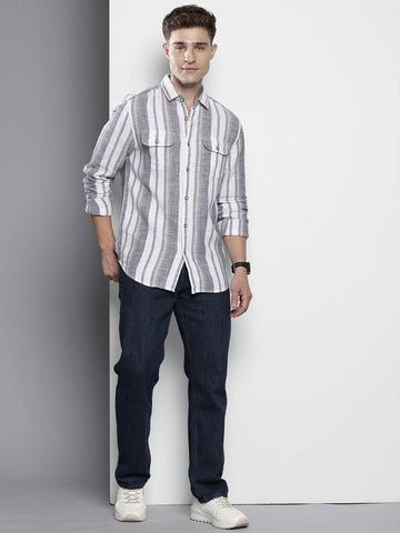 Men's Grey Slim Fit Striped Casual Shirt