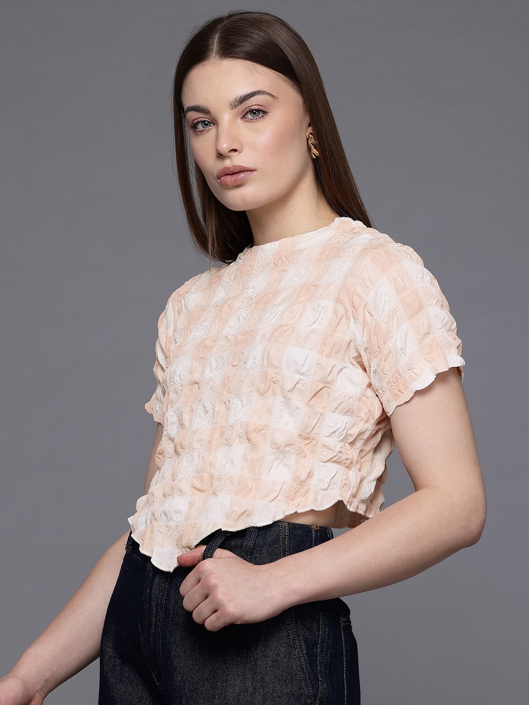 Freehand Peach Women's Fitted Textured Asymmetric Top