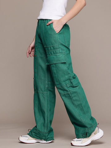 Women's Green Wide Leg Fit Utility Jeans