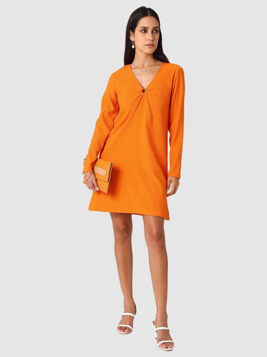 Women Regular Fit Orange Long Sleeves Dress