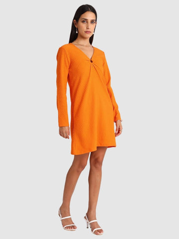 Women Regular Fit Orange Long Sleeves Dress