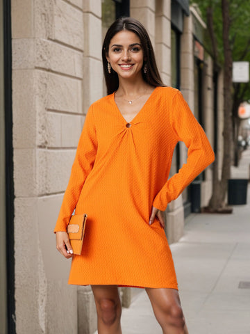Women Regular Fit Orange Long Sleeves Dress