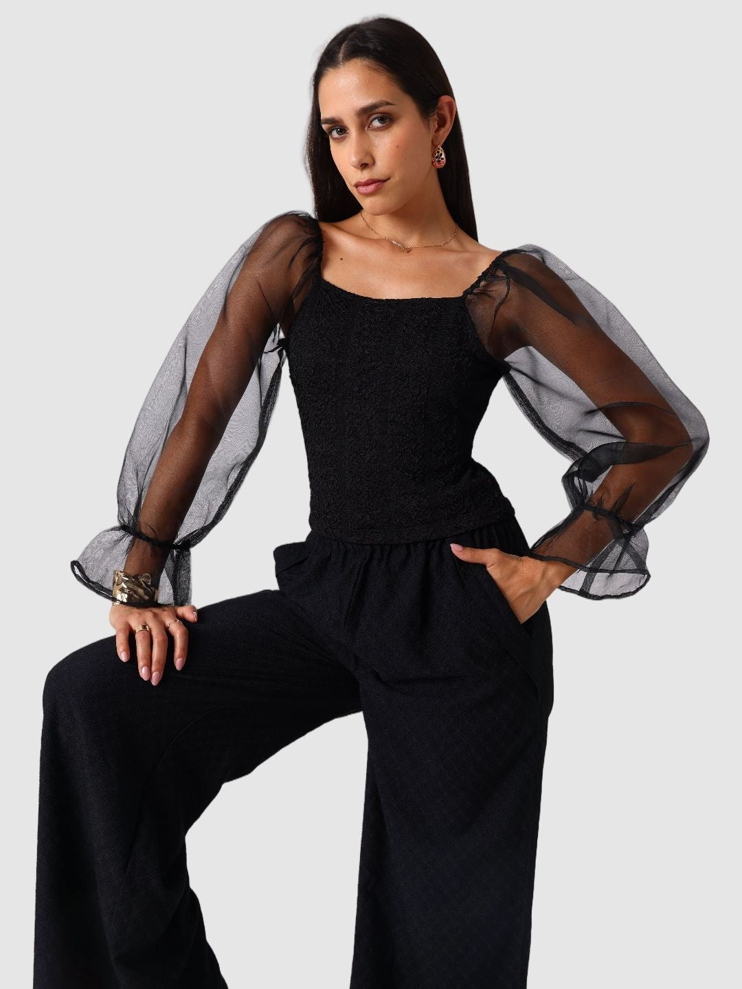 Women's Black Regular Fit Casual Top