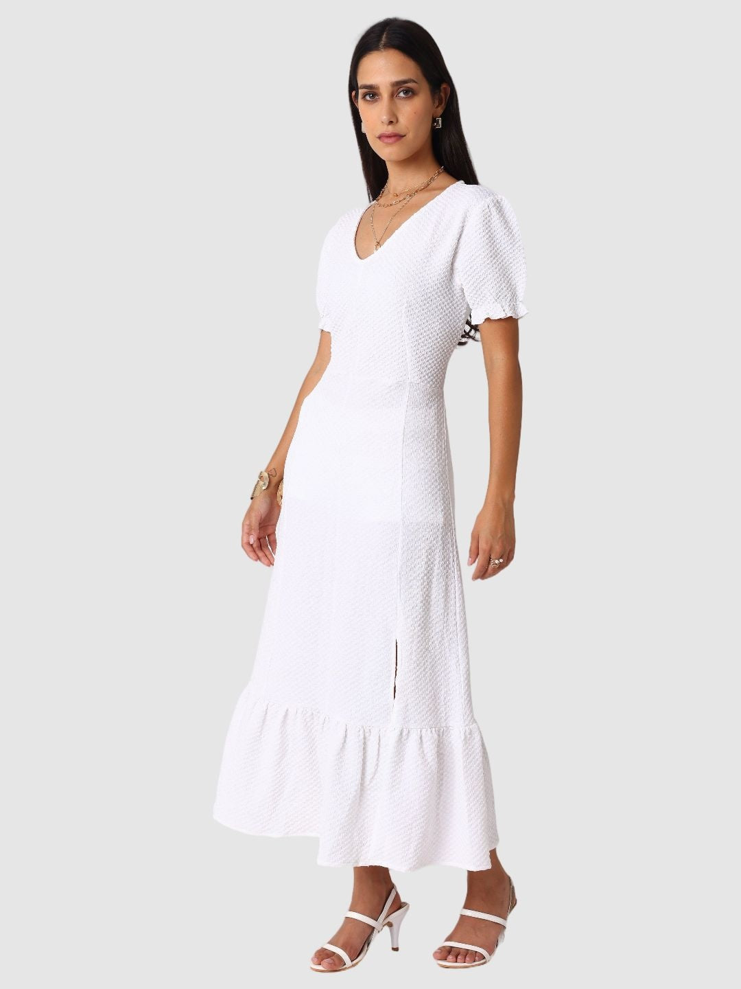 Women Regular Fit White Half Sleeves Dress