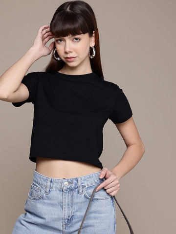 Freehand Women Slim Fit Solid Cropped T-Shirt