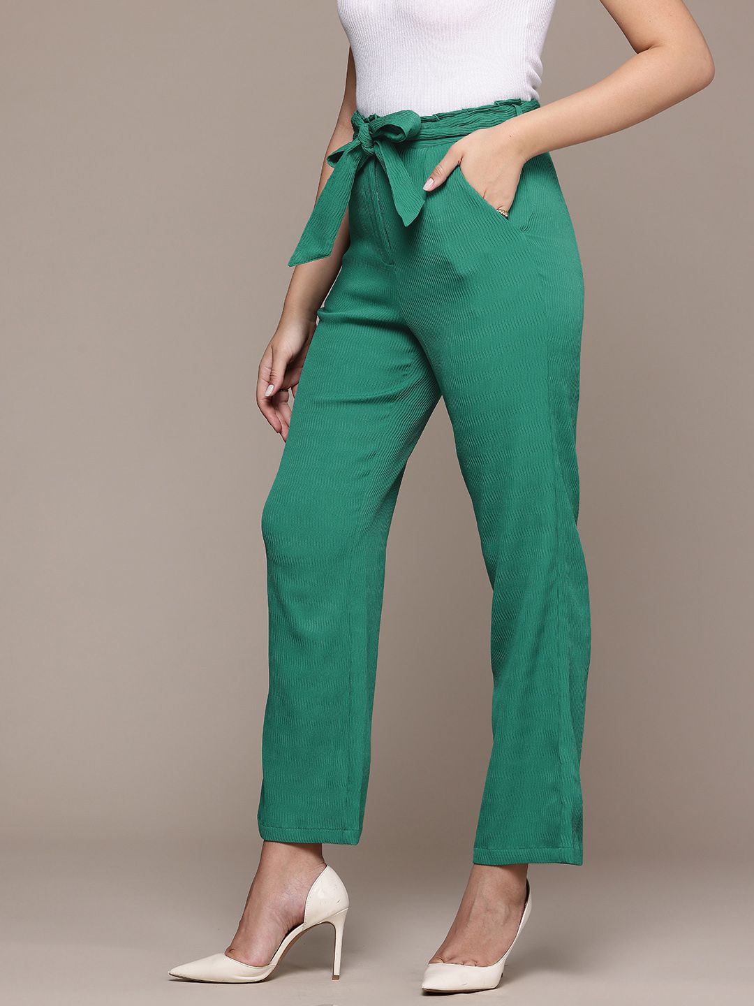 Women's Green Regular Fit Casual Trousers