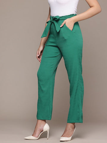 Women's Green Regular Fit Casual Trousers