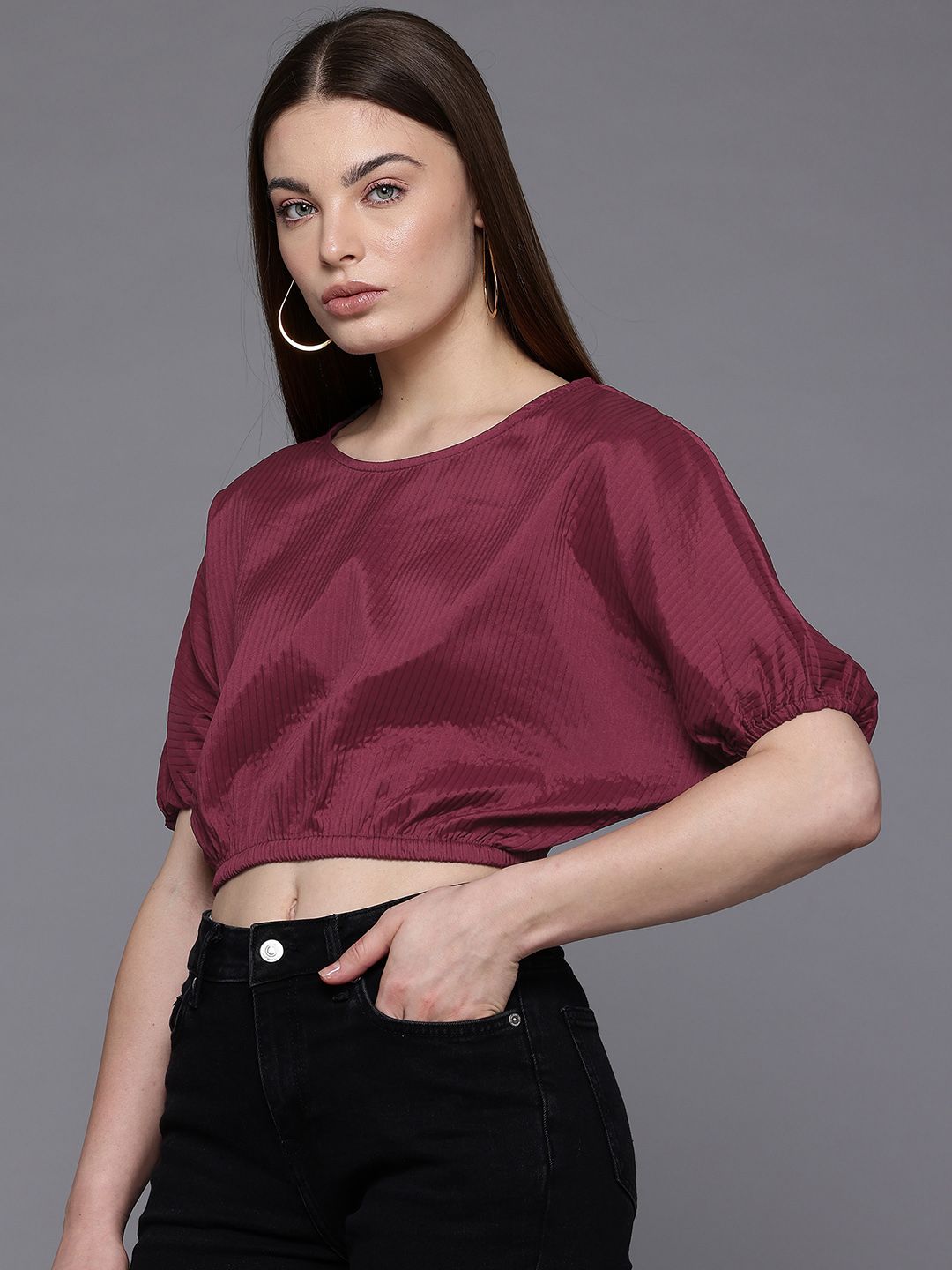 Freehand Maroon Women's Loose Fit Textured Crop Top