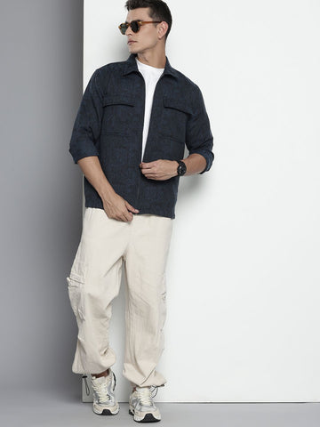 Men's Blue Regular Fit Textured Casual Shirt