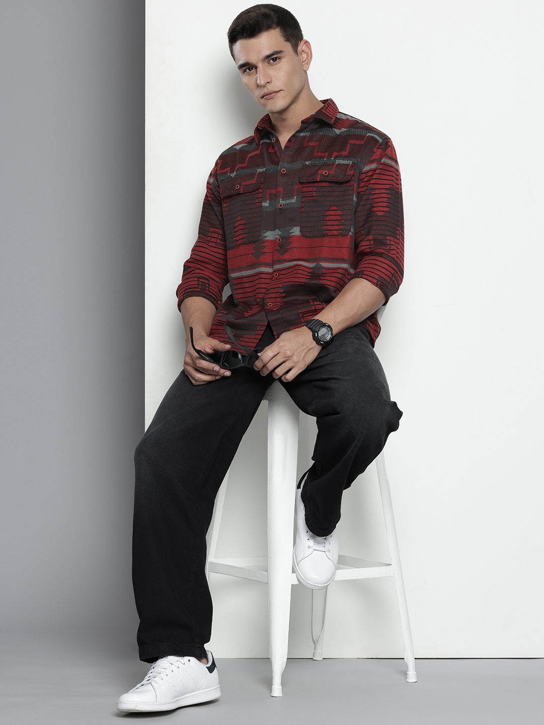 Men's Red Relaxed Fit Printed Bohemian Shirt