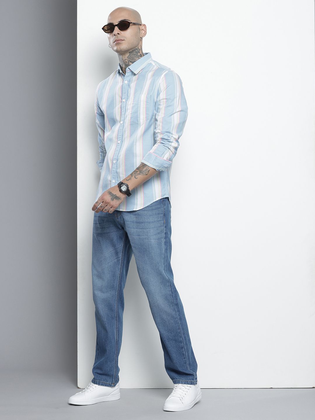 Men's Blue Slim Fit Striped Striped Shirt