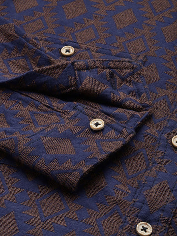 Men's Navy Blue Relaxed Fit Textured Casual Shirt