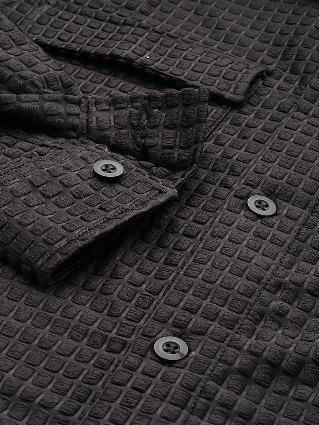 Men's Black Regular Fit Solid Textured Shirt