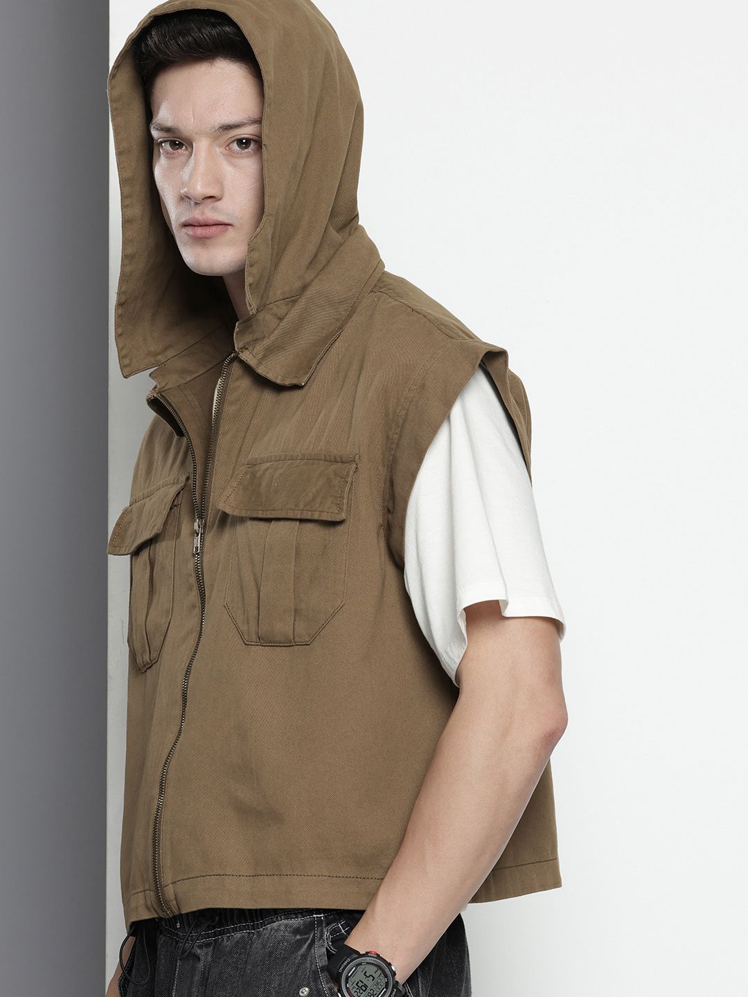 Men's Khaki Oversized Fit Solid Korean Street Shirt
