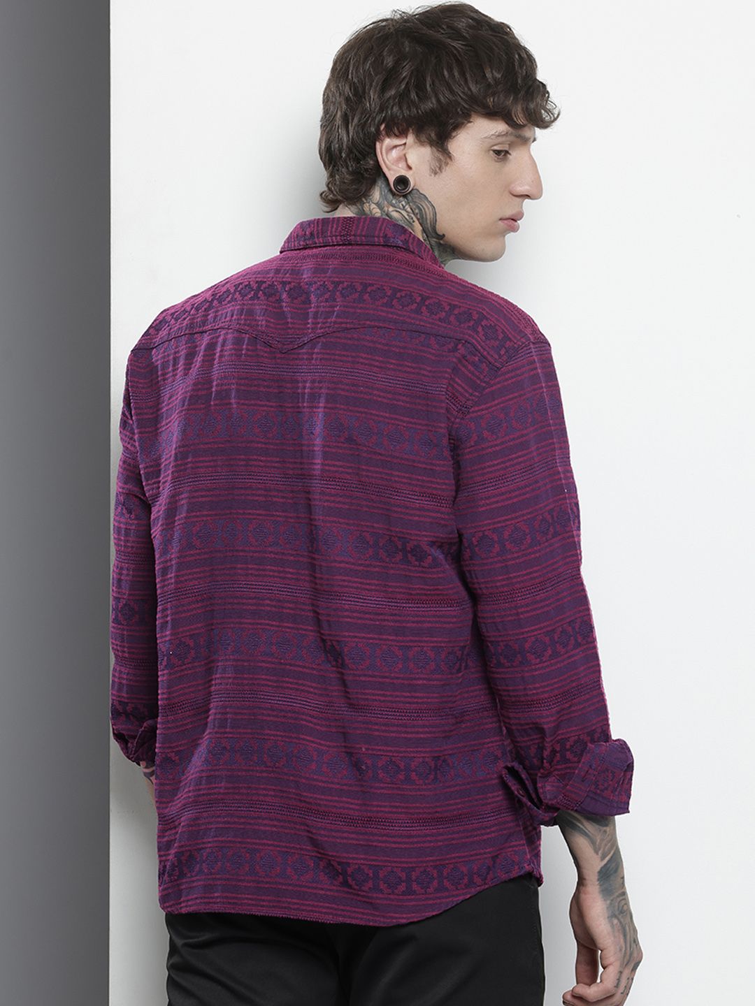 Men's Purple Relaxed Fit Textured Casual Shirt