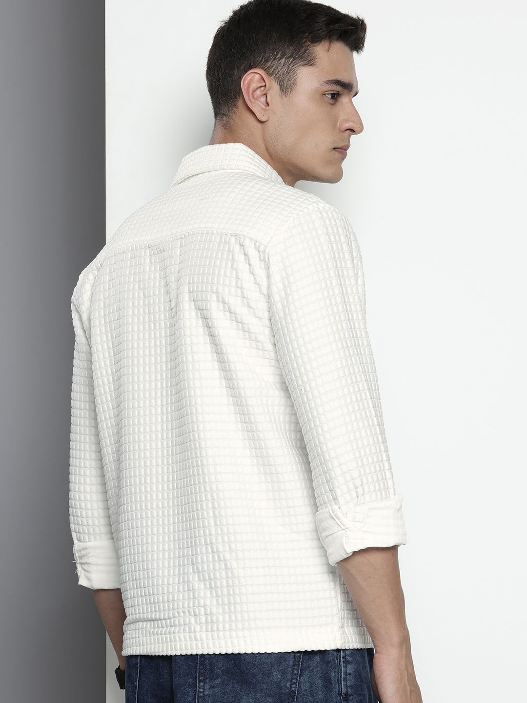 Men's White Regular Fit Solid Textured Shirt