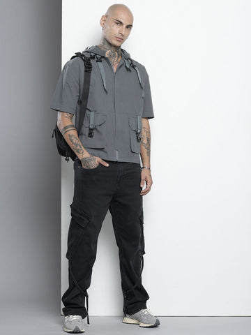 Men's Grey Boxy Fit Solid Street Shirt