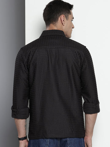 Men's Black Regular Fit Solid Textured Shirt