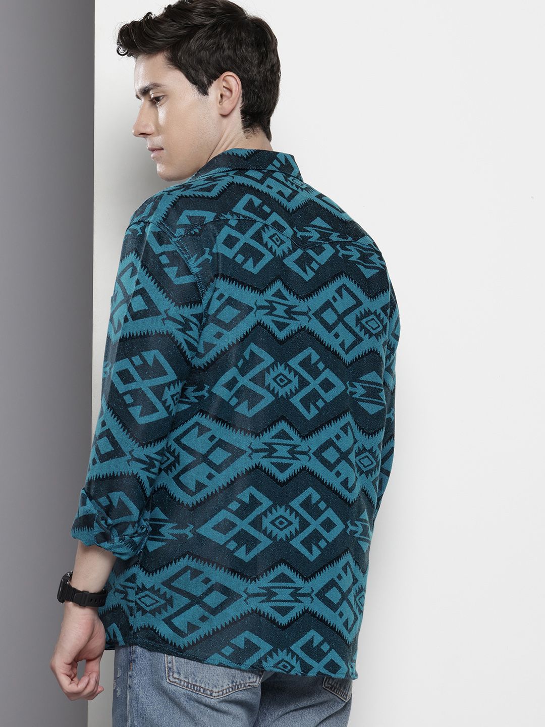 Men's Blue Relaxed Fit Textured Casual Shirt