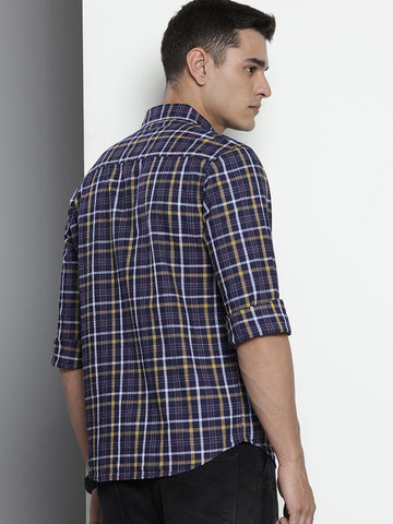 Men's Blue Slim Fit Checked Casual Shirt